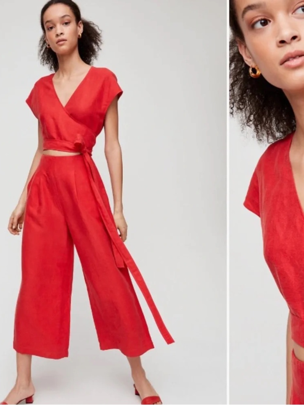 Aritzia Wilfred Linen Red Wrap Top & Wide-Leg Jumpsuit Set